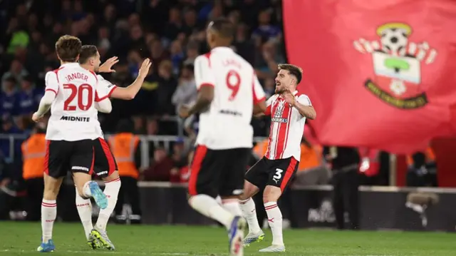 Ryan Manning celebrates with his Southampton team-mates