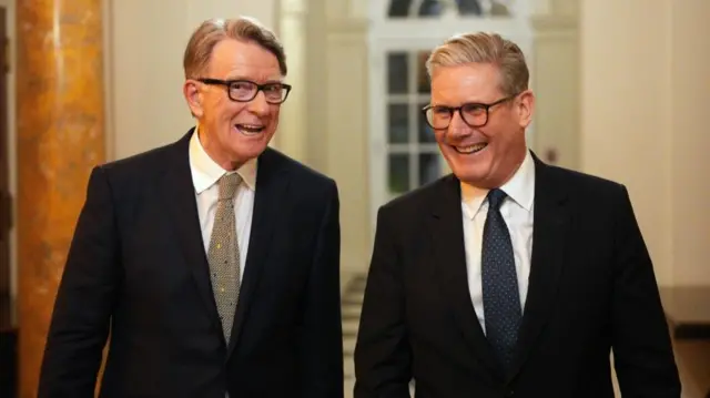 Lord Mandelson and Keir Starmer, pictured during a welcome reception at the ambassador's residence in Washington DC in February 2025
