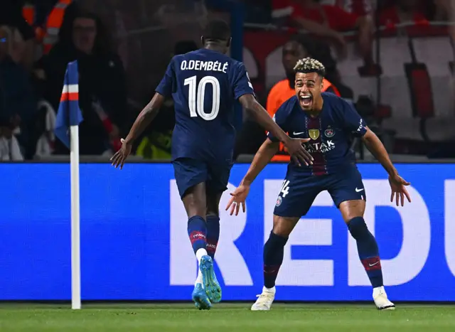 Ousmane Dembele with teammate Desire Doue