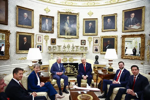 US President Donald Trump meets with King Charles III in the Oval Office of the White House as (L-R) Sir Christian Turner, British ambassador to the US, Yvette Cooper, U.S. Vice President JD Vance, U.S. Secretary of State Marco Rubio look on,