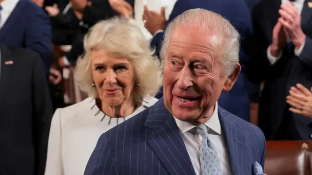 Britain's King Charles and Queen Camilla arrive for a joint meeting of Congress in the House Chamber of the U.S. Capitol in Washington, U.S., April 28, 2026.