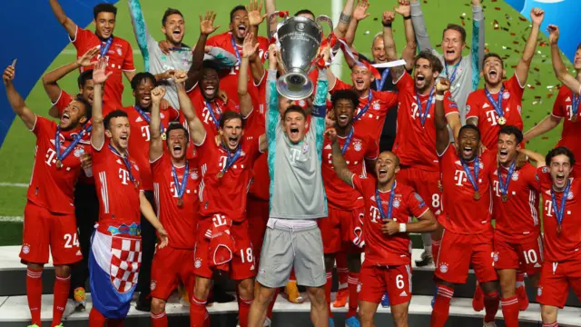 Bayern Munich lifting the Champions League trophy