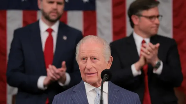 Britain's King Charles addresses a joint meeting of Congress, next to U.S. Vice President JD Vance and U.S. House Speaker Mike Johnson (R-LA), in the House Chamber of the U.S. Capitol in Washington, D.C., U.S., April 28, 2026.