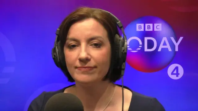 Bridget Phillipson sits in front of the Today programme logo. She is wearing headphones and is sitting in front of a microphone