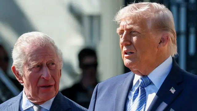 The King and US President Donald Trump standing side by side outside the White House.