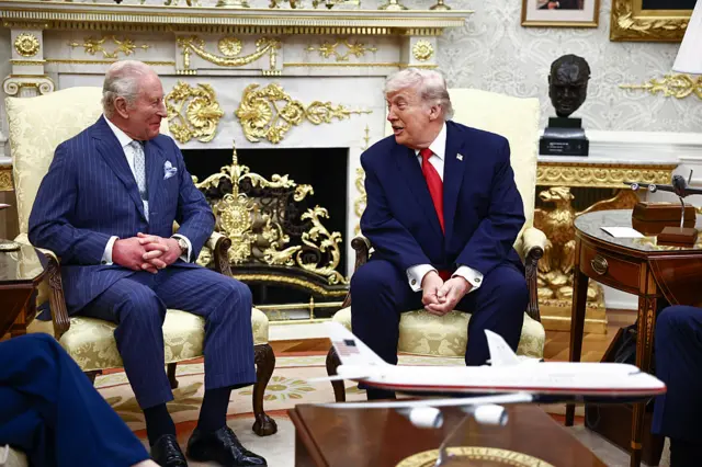US President Donald Trump meets with Britain's King Charles III in the Oval Office of the White House