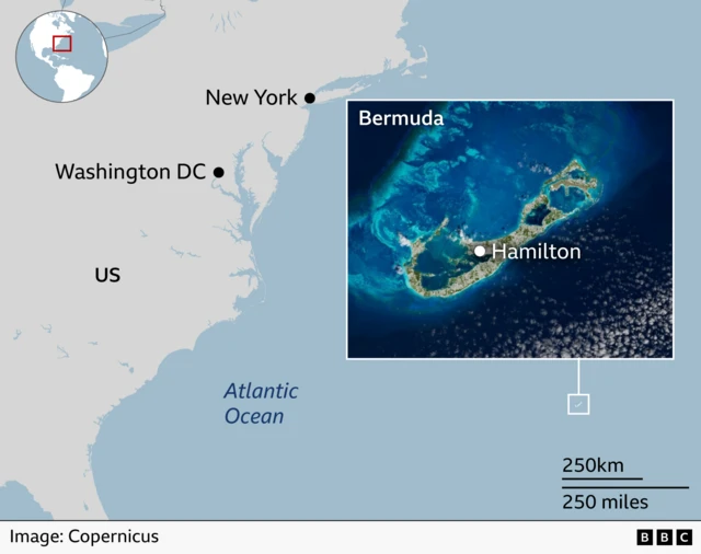 A map of the US east coast and the Atlantic Ocean with an inset photo identifying the island of Bermuda.