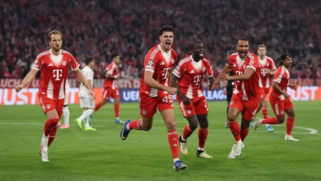 Aleksandar Pavlovic of FC Bayern Munich celebrates scoring