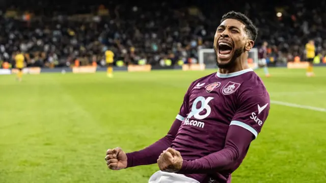 Josh Laurent celebrates Lyle Foster's late winner for Burnley against Wolves in October, 2025