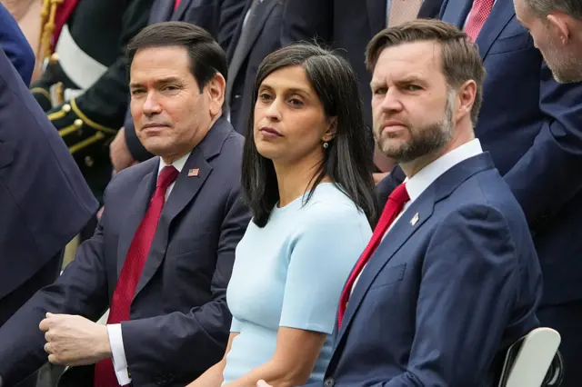 Secretary of State Marco Rubio, second lady Usha Vance, U.S. Vice President JD Vance attend a state arrival ceremony on the South Lawn of the White House