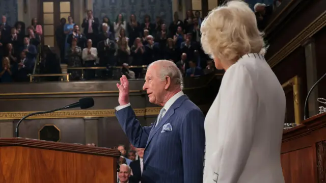 Britain's King Charles III, along with Queen Camilla, arrives for a joint meeting of Congress at the US Capitol in Washington, DC, USA, 28 April 2026.