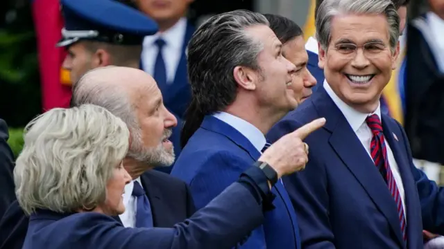White House chief of staff Susie Wiles, Commerce Secretary Howard Lutnick, Defense Secretary Pete Hegseth and Treasury Secretary Scott Bessent gather to attend the arrival ceremony of Britain's King Charles and Queen Camilla