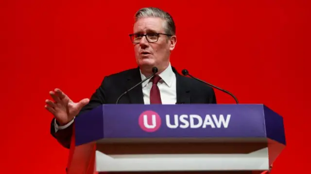 Keir Starmer speaking to the Usdaw trade union conference in Blackpool yesterday