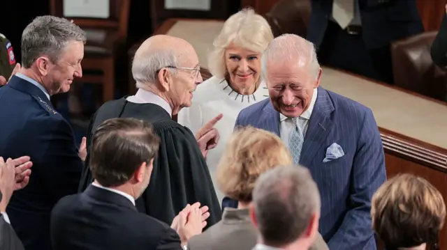 ueen Camila and King Charles III greet Chairman of the Joint Chiefs of Staff General Dan Caine and former Supreme Court Associate Justice Stephen Breyer