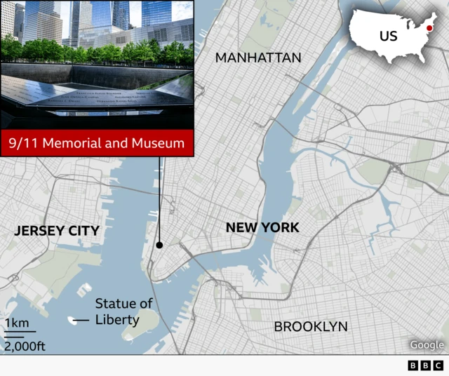 A map of New York City with an inset photograph of the 9/11 memorial in Manhattan.