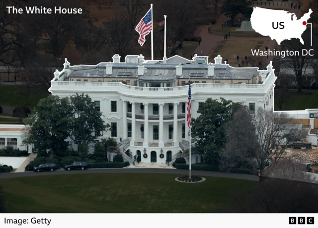 An aerial view of the White House.