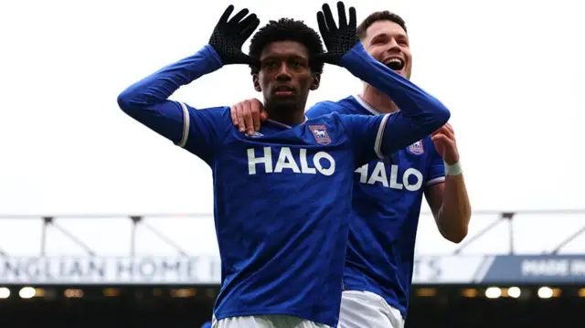 Jaden Philogene celebrates scoring for Ipswich with George Hirst