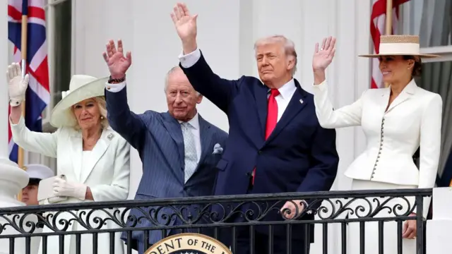 Queen Camilla, King Charles, Donald Trump and Melanie Trump wave from the balcony of the White House.