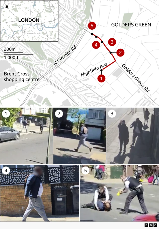 A graphic with a map and 5 points marked on it matched to a screengrab from a video corresponding. 1 shows the suspect approaching a man in a black coat and hat on Highfield Road. The rest are on Golders Green Road, heading north-east. 2 shows the attacker jogging, 3 shows the man just before he attacks a man by a bus stop, 4 shows the man walking while carrying a knife and 5 shows him on the ground, with a police officer on top of him and another holding a taser over him.