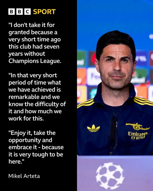 Graphic which shows a photo of Mikel Arteta and his quote: ""I don't take it for granted because a very short time ago this club had seven years without Champions League. In that very short period of time what we have achieved is remarkable and we know the difficulty of it and how much we work for this. Enjoy it, take the opportunity and embrace it - because it is very tough to be here."
