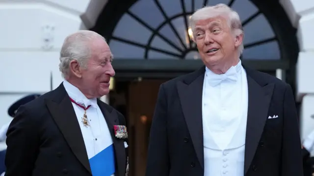 Donald Trump welcomes Britain's King Charles at the South Portico.