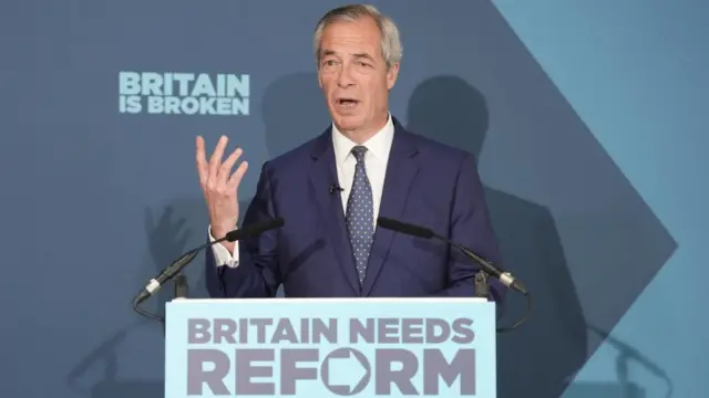 Nigel Farage, wearing a blue suit, white shirt and blue tie, on stage at a Reform event. He is gesturing with one hand and standing at a lecturn that reads Britain Needs Reform