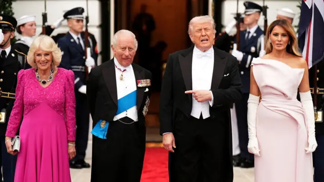Queen Camilla and King Charles stand beside US President Donald Trump and First Lady Melania Trump