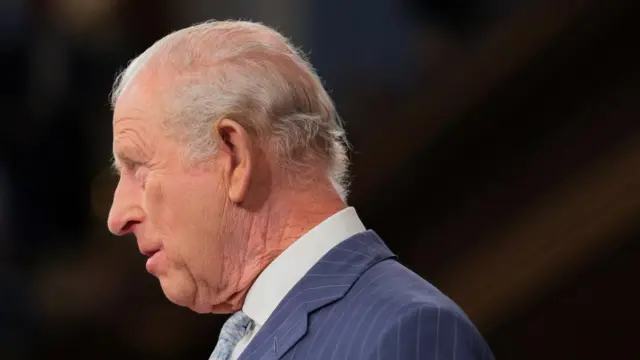 A profile shot of King Charles against a dark background.