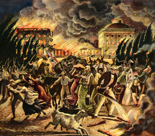 An undated drawing shows the burning of Washington, DC, by the British in 1812. The White House is seen in the background