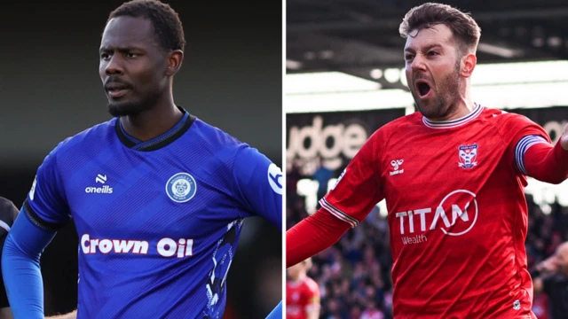 Rochdale striker Emmanuel Dieseruvwe (left) and York's Ollie Pearce (right)