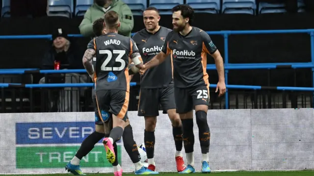Ben Brereton Diaz celebrates with his Derby team-mates