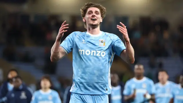 Coventry's Jack Rudoni celebrates at full-time following the 3-2 win over Derby
