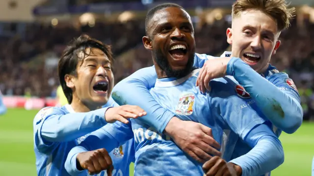 Frank Onyeka celebrates the first goal for Coventry against Derby