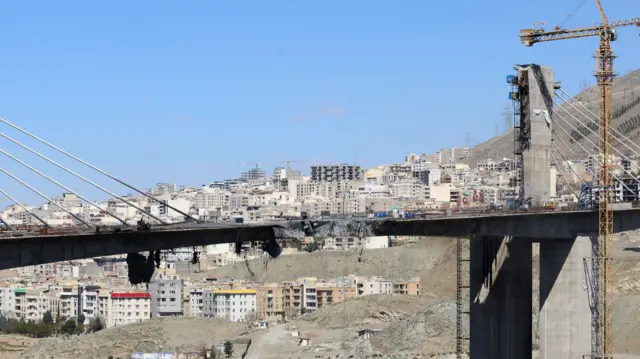 A view of the destruction at the B1 suspension bridge by a US airstrike in the city of Karaj, Alborz province, Iran, 3 April 2026.