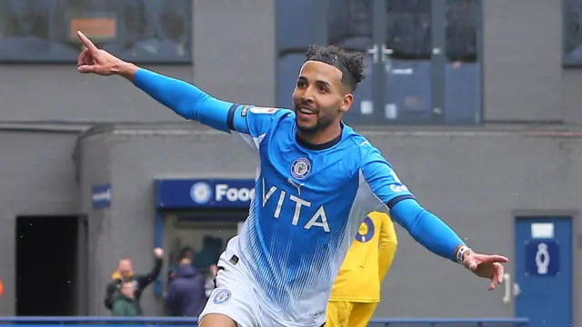 Odin Bailey celebrates giving Stockport the lead against Wycombe