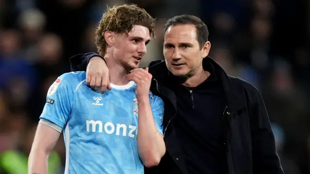 Coventry boss Frank Lampard puts his arm around match-winner Jack Rudoni after the 3-2 victory over Derby