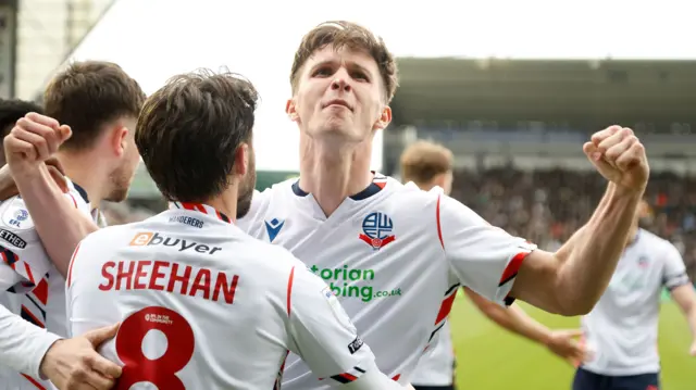 Johnny Kenny celebrates giving Bolton the lead at  Plymouth