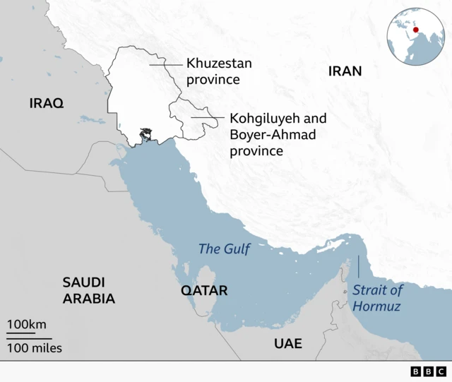 A map showing the locations of Khuzestan province and Kohgiluyeh and Boyer-Ahmad province