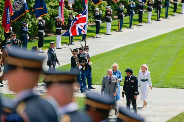 King Charles III, Queen Camilla, Army Maj. Gen. Antoinette Gant and Chief of Protocol Monica Crowley attend a ceremony at Arlington National Cemetery