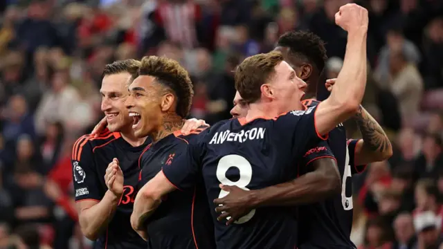 Igor Jesus of Nottingham Forest celebrates scoring his team's fourth goal with teammates Elliot Anderson, Chris Wood and Neco Williams