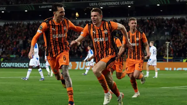 Oleh Ocheretko of FC Shakhtar Donetsk celebrates scoring
