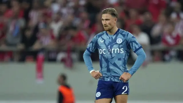 Matty Cash of Aston Villa reacts during the UEFA Europa Conference League 2023/24 Semi-Final second leg match between Olympiacos FC and Aston Villa