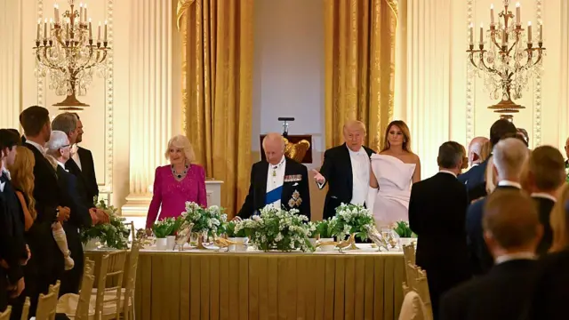 Queen Camilla, King Charles III, U.S. President Donald Trump, and First Lady Melania Trump attend an official state dinner hosted by the President and First Lady at The White House on day two of the State Visit of King Charles III and Queen Camilla to the United States of America, on April 28, 2026 in Washington, DC