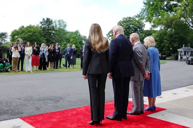 First lady Melania Trump, U.S. President Donald Trump, King Charles III and Queen Camilla pose during a farewell ceremony at the White House