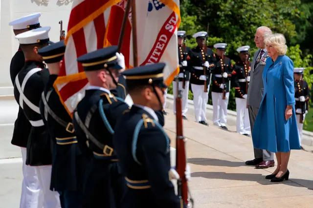 King Charles III and Queen Camilla visit the Tomb of the Unknown Soldier during a ceremony at Arlington National Cemetery