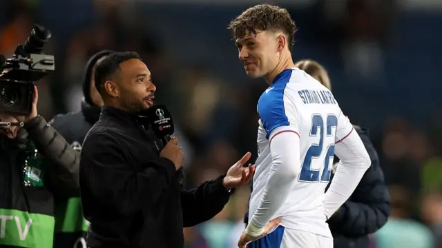 Jorgen Strand Larsen of Crystal Palace speaks to the media