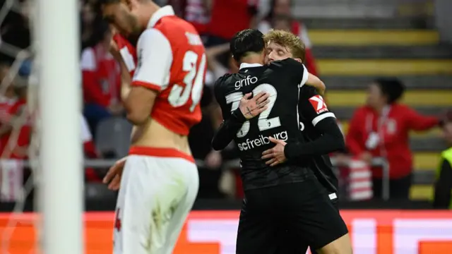 Vincenzo Grifo celebrates scoring his team's first goal during the UEFA Europa League semi final first leg football match between SC Braga and SC Freiburg