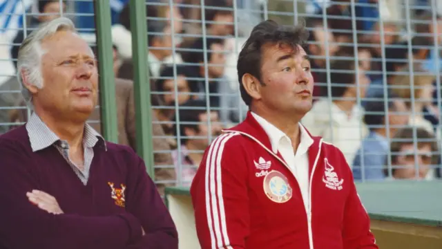 Brian Clough (R) and assistant Peter Taylor look on before the 1980 European Cup Final between Hamburg SV and Nottingham Forest