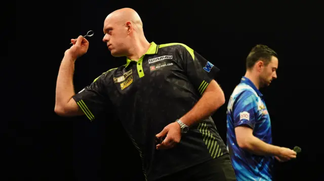 Michael van Gerwen durnig his match against Luke Humphries on night thirteen of the BetMGM Premier League 2026 at P&J Live, Aberdeen