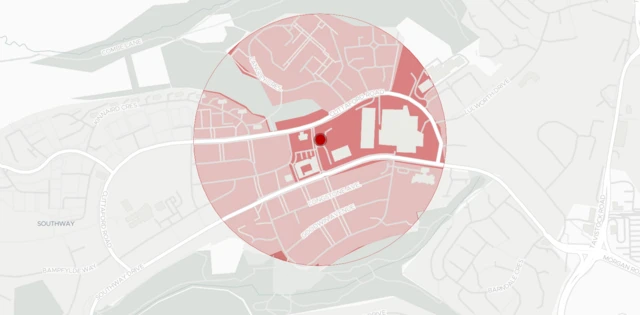 A map of the cordon in Plymouth. A red circle shows the zone around Flamborough Road.